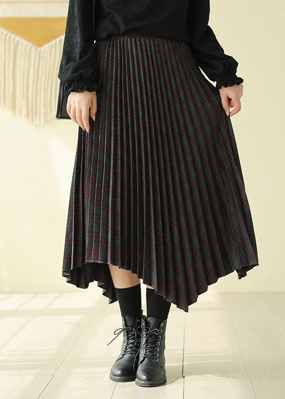 Women Chocolate Elastic Waist Asymmetrical Design Plaid Cotton Skirt Fall Women's unclassified skirts