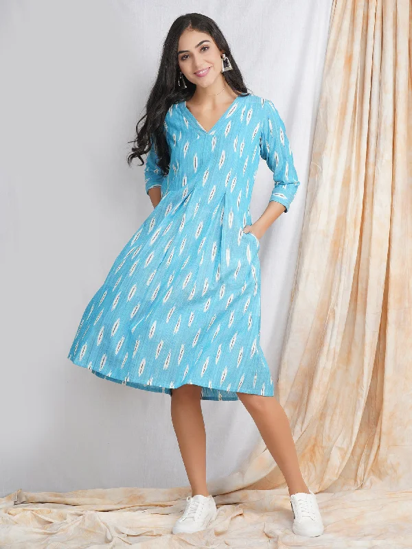 Aqua Blue Ikat Cotton Midi Dress Best midi dresses for elegant looks