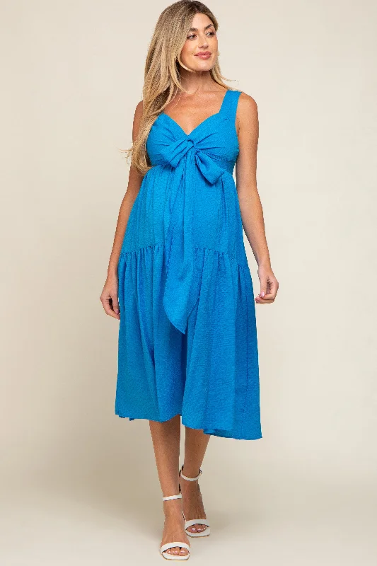 Blue Wrap Front Accent Maternity Midi Dress Preppy midi dresses