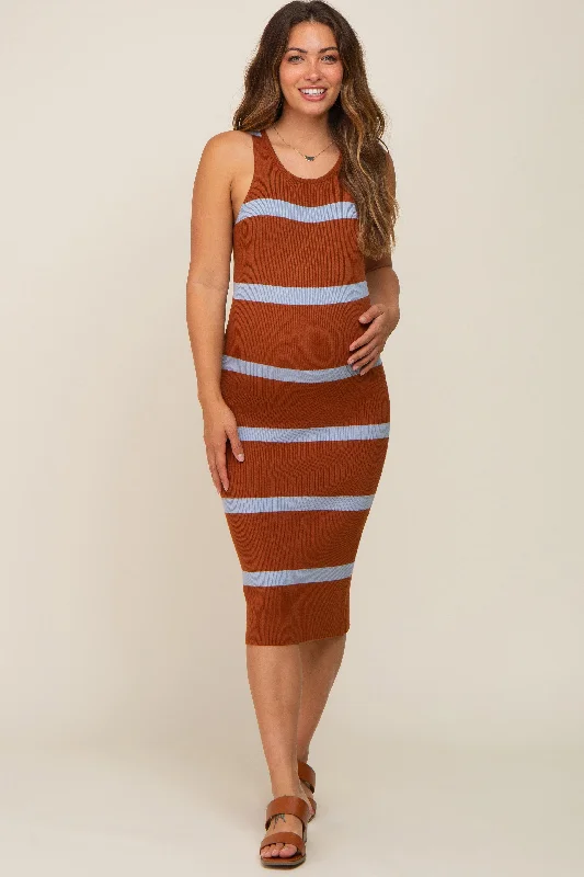 Brown Blue Striped Sleeveless Sweater Maternity Midi Dress Birthday midi dresses