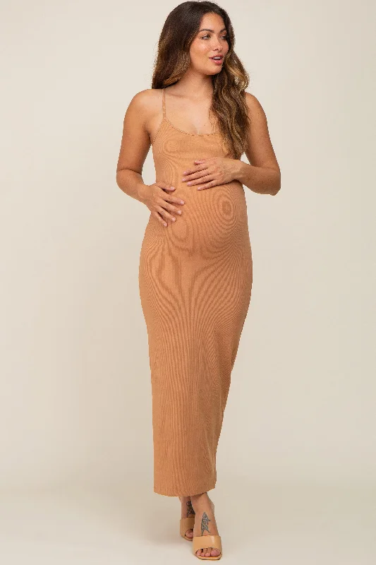 Camel Ribbed Basic Maternity Midi Dress Anniversary midi dresses