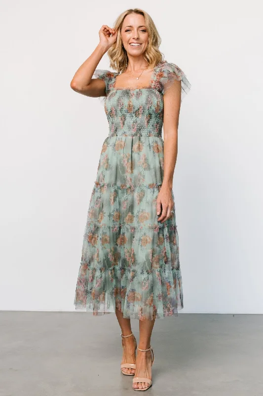 Clementine Tulle Midi Dress | Sage Multi Floral Boohoo midi dresses