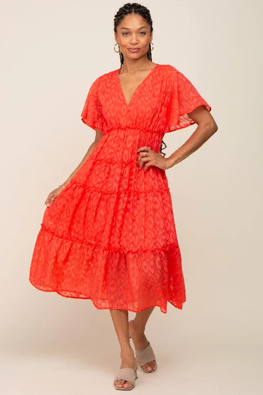 Coral Chiffon Animal Print Tiered Midi Dress Wrap midi dresses