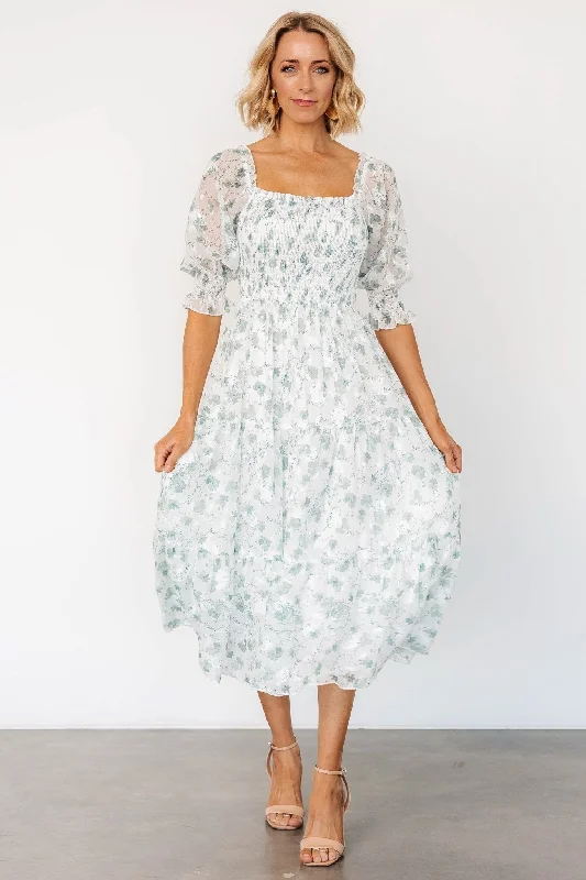 Fabian Jacquard Midi Dress | Off White + Sage Floral Versatile midi dresses for all occasions