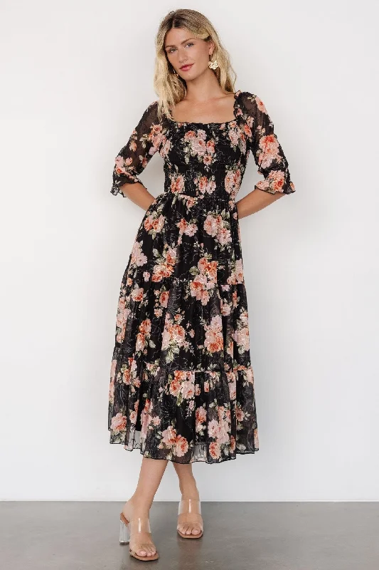 Fabian Jacquard Midi Dress | Peach + Black Floral Spring midi dresses