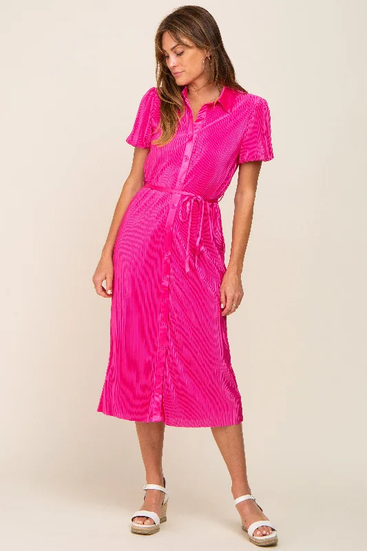 Fuchsia Pleated Button-Down Collared Midi Dress Summer midi dresses