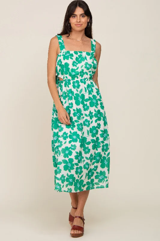 Green Floral Linen Square Neck Open Back Midi Dress Street style midi dresses