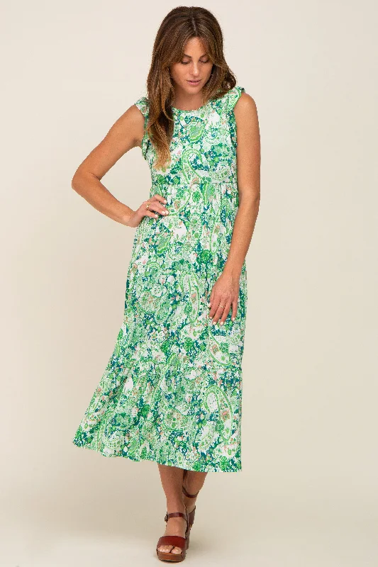 Green Floral Paisley Tiered Midi Dress Cute floral print midi dresses