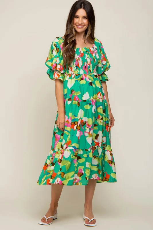 Green Floral Puff Sleeve Maternity Midi Dress Women's midi dresses