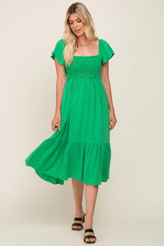 Green Smocked Ruffle Hem Midi Dress Fashion-forward midi dresses