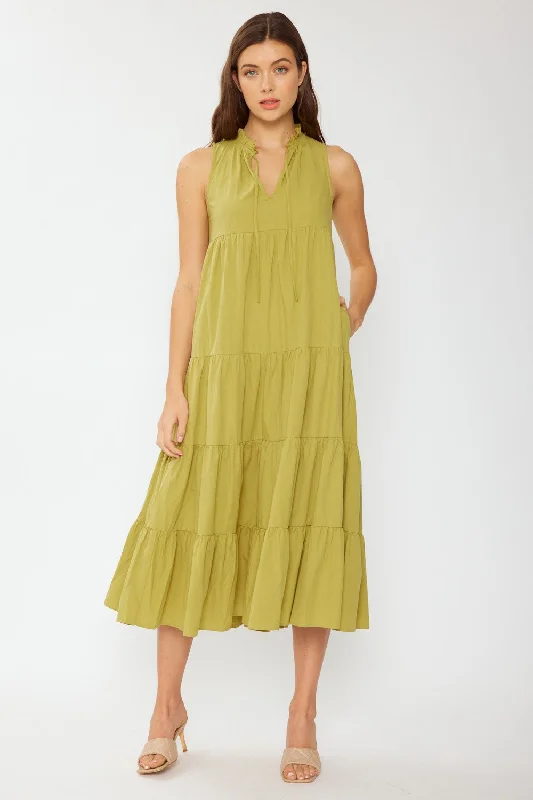 Green Tiered Linen Blend Solid Midi Dress Date night midi dresses