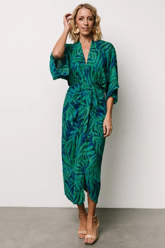 Janessa Midi Dress | Green + Blue Print Satin midi dresses