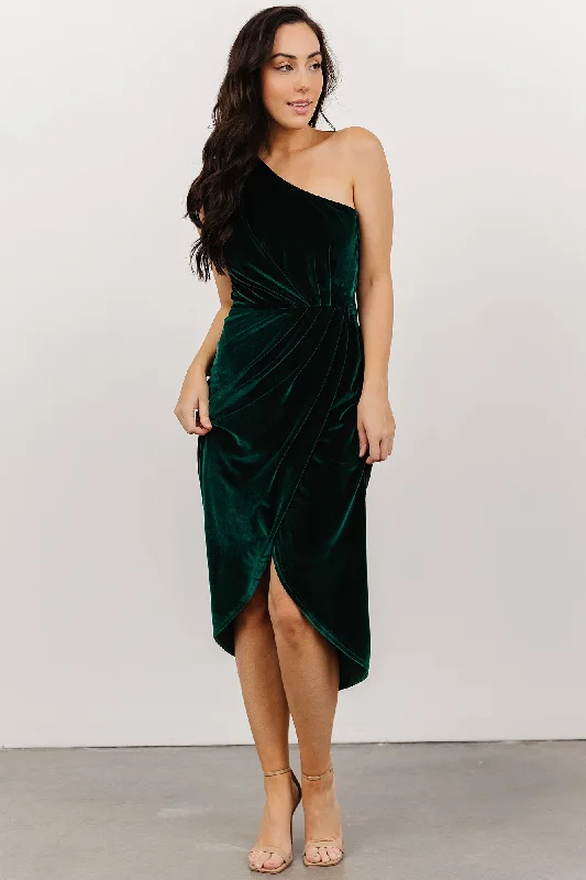 Kourtney Velvet One Shoulder Midi Dress | Emerald Vacation midi dresses