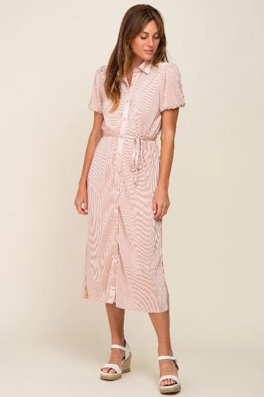 Light Pink Pleated Button-Down Collared Midi Dress Off-shoulder midi dresses