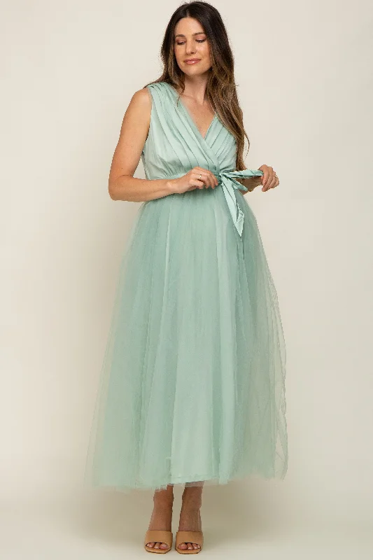 Mint Green Wrap V-Neck Waist Tie Tulle Maternity Midi Dress Vintage midi dresses