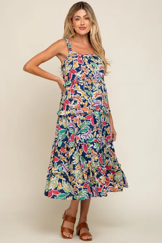 Navy Blue Multi-Color Floral Sleeveless Tiered Maternity Midi Dress Tiered midi dresses