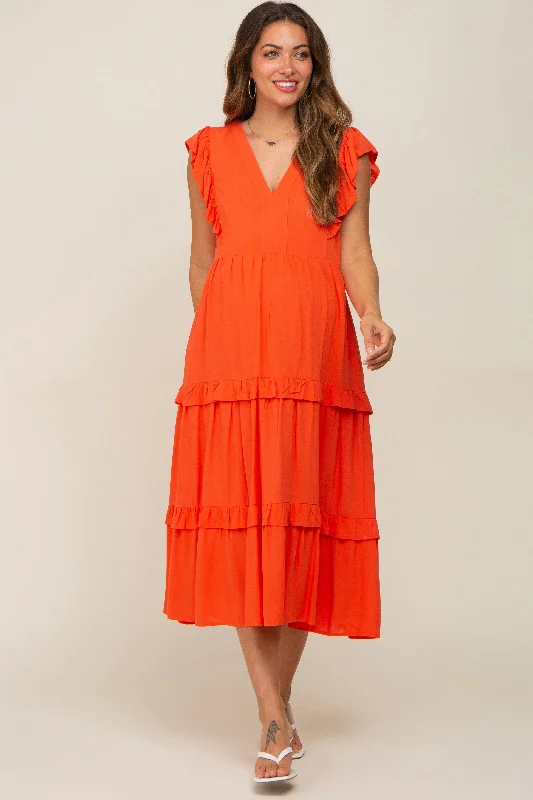 Orange Ruffle Accent Tiered Maternity Midi Dress Winter midi dresses