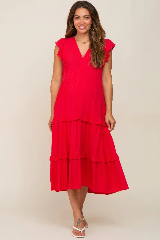 Red Ruffle Accent Tiered Maternity Midi Dress Corset midi dresses