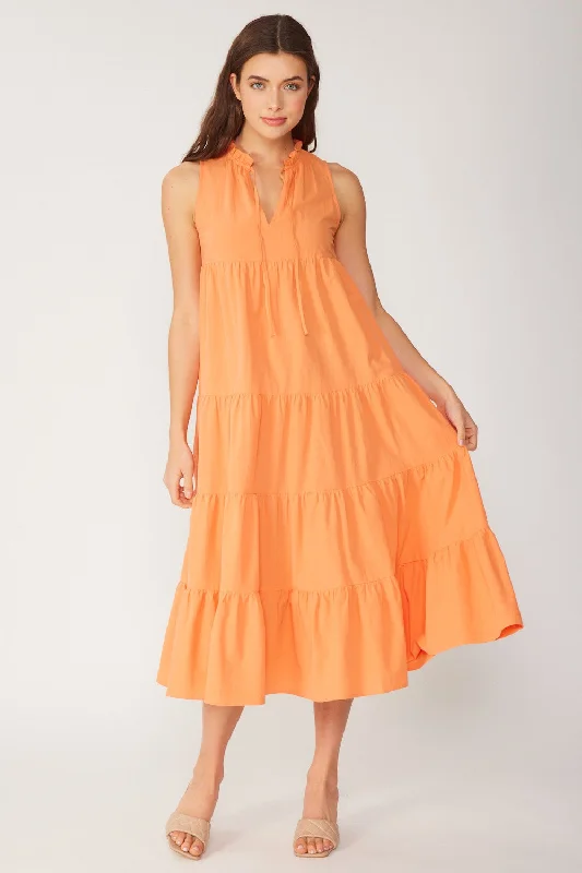 Tangerine Tiered Linen Blend Solid Midi Dress Formal midi dresses