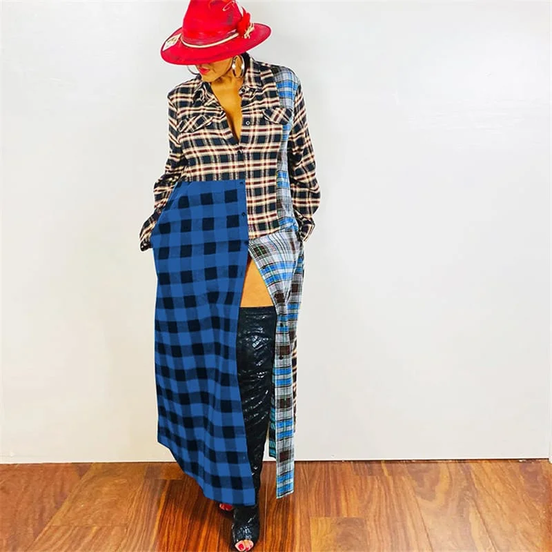 Women Fashion Color Blocking Plaid Printed Pachwork Maxi Dress Sleeveless maxi dresses