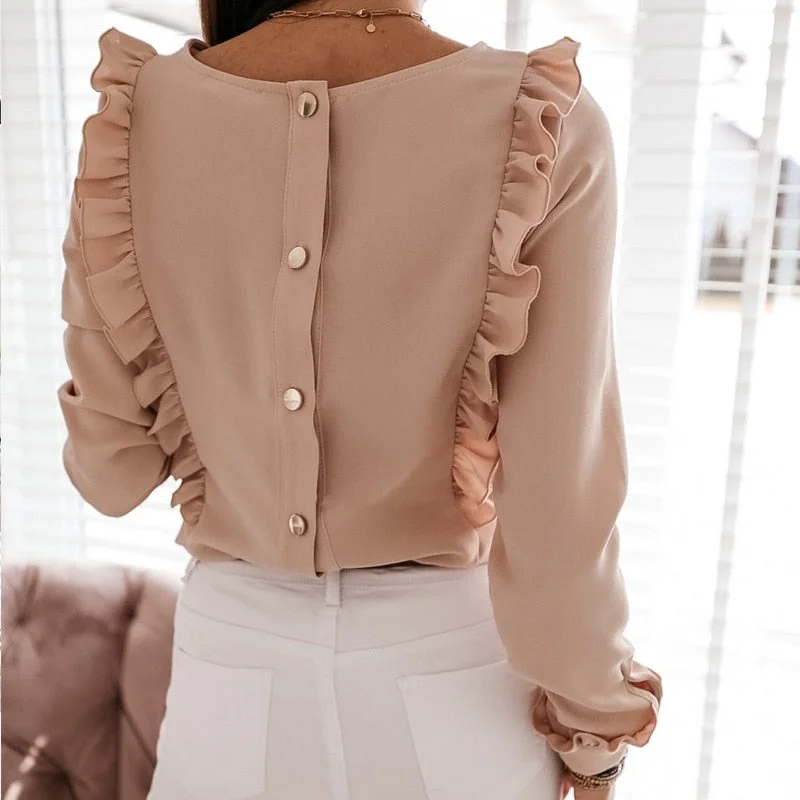 Women Ruffles Buttons OL Blouse O-Neck Long Sleeve Solid Tops Discounted maxi dresses