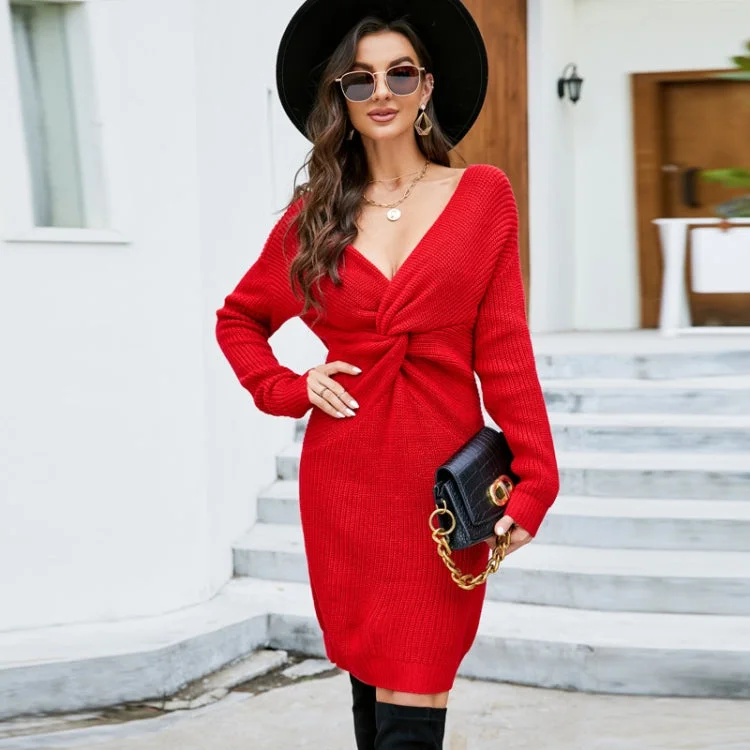 Women Sexy Package Hip Long Knitted Backless Twisted Knot Dress, Size: S(Red) Revolve maxi dresses