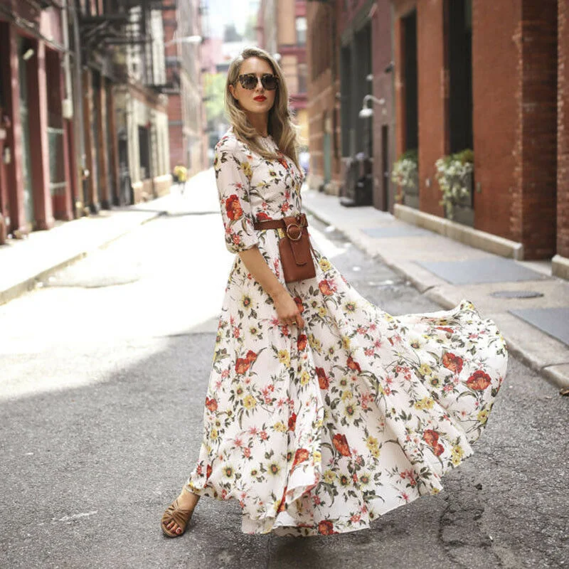 Women's Flowers Dress Floral Maxi Boho Summer Beach Party Round Neck Dress Ruffled maxi dresses