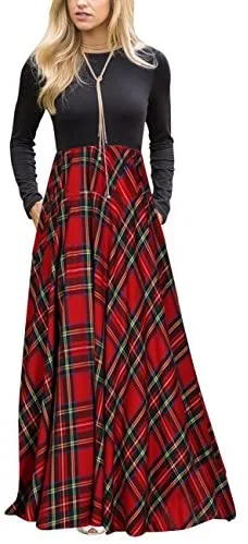 Women's Plaid Long Sleeve Empire Waist Full Length Maxi Dress with Pockets Flowy maxi dresses