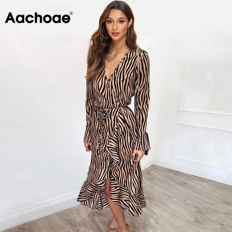 Zebra Print Beach Bohemian Maxi Dress Long Sleeve V Neck Ruffles Elegant Vestidos Preppy maxi dresses