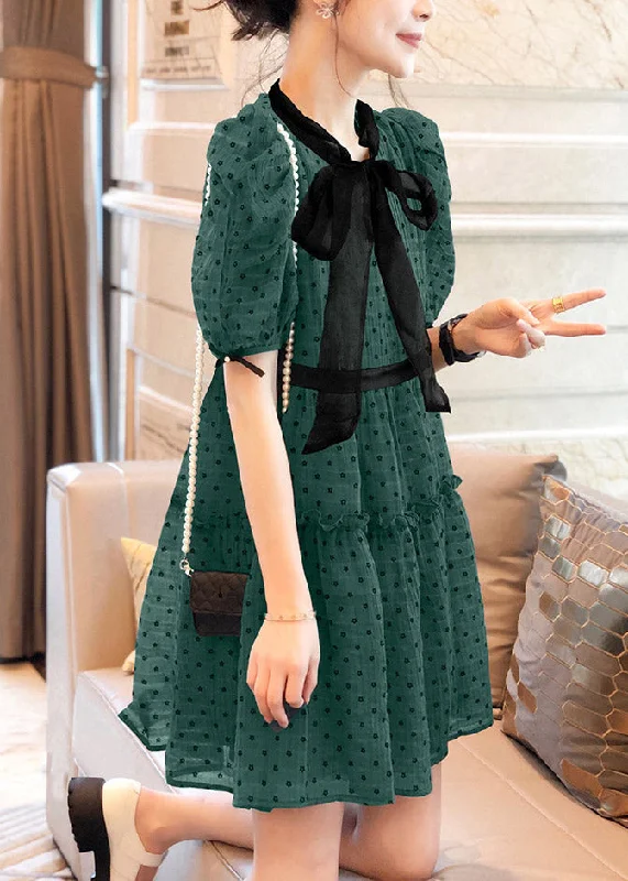 Art Green O-Neck Ruffled Dot Patchwork Bow Chiffon Mid Dress Puff Sleeve TI1038 Earthy tone unclassified dresses