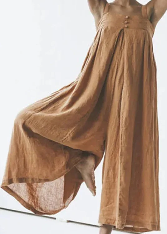 Art Khaki Slash Neck Button Solid Linen Jumpsuit Summer LY1965 Discounted unclassified dresses