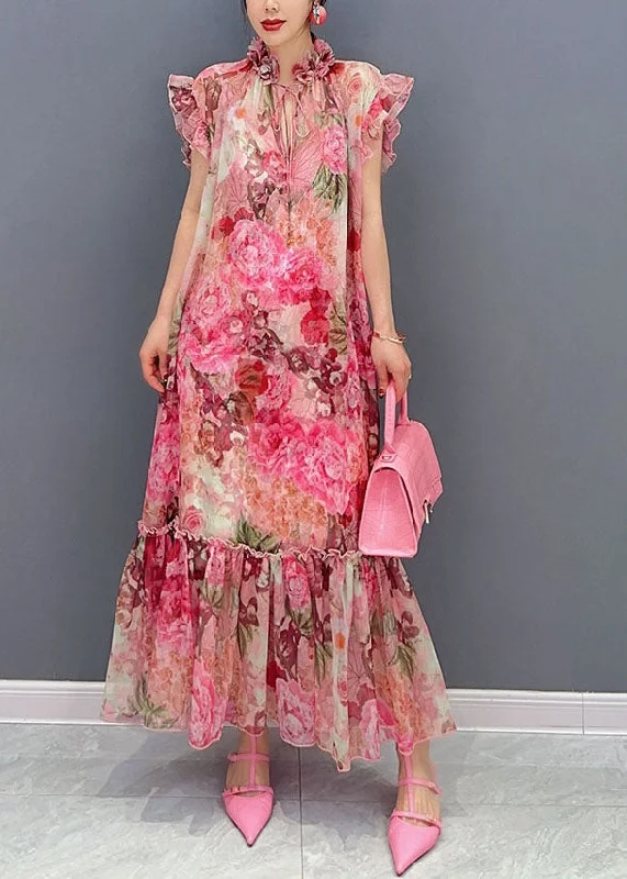 Art Pink Ruffled Print Patchwork Chiffon Two Piece Set Dresses Summer F4074 Bright color unclassified dresses