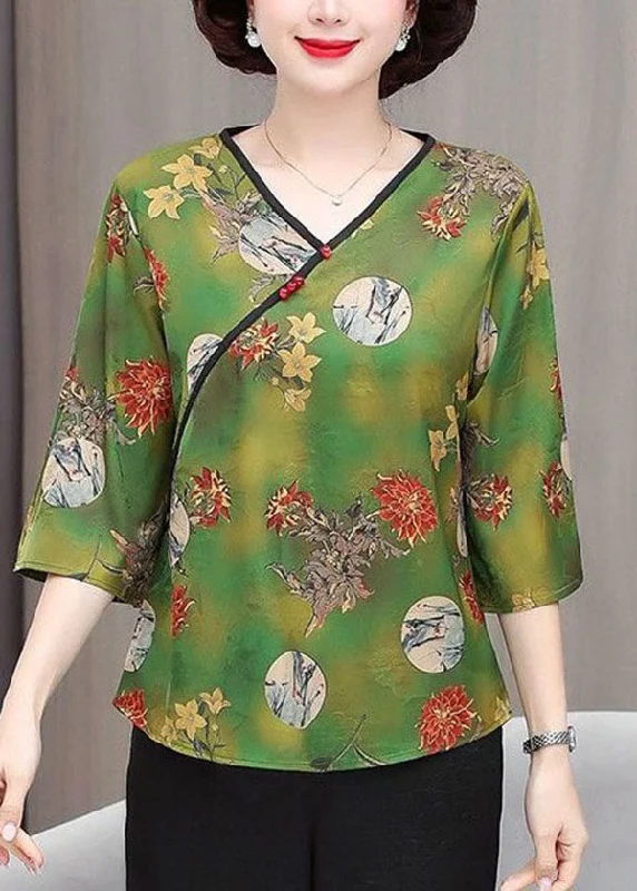 Beautiful Green V Neck Print Button Silk Tops Summer TI1003 Club unclassified dresses