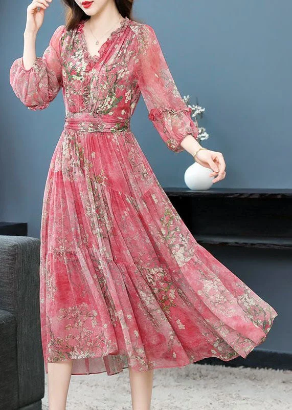 Beautiful Pink Ruffled Wrinkled Print Patchwork Silk Dress Summer TI1011 Y2K unclassified dresses