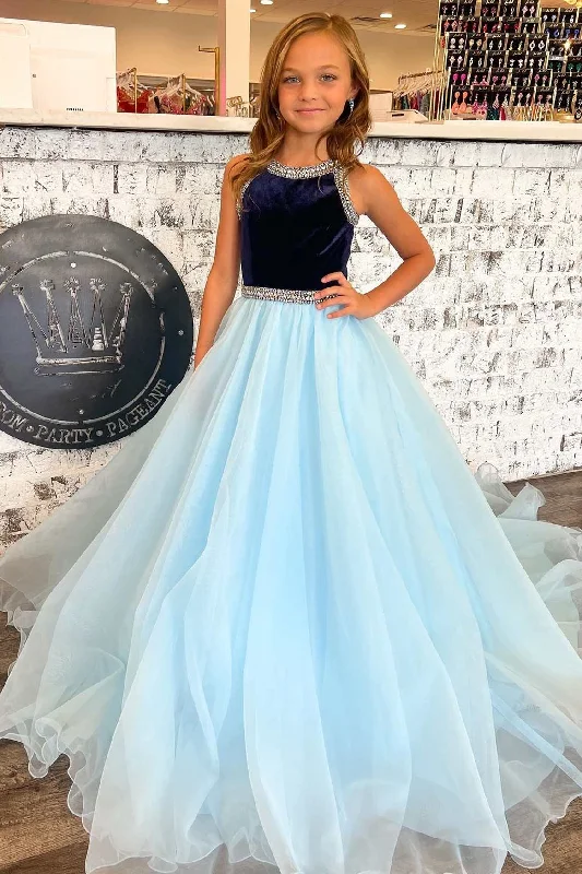 Black and Blue Beaded Round Neck A-Line Girl Pageant Dress Printed unclassified dresses