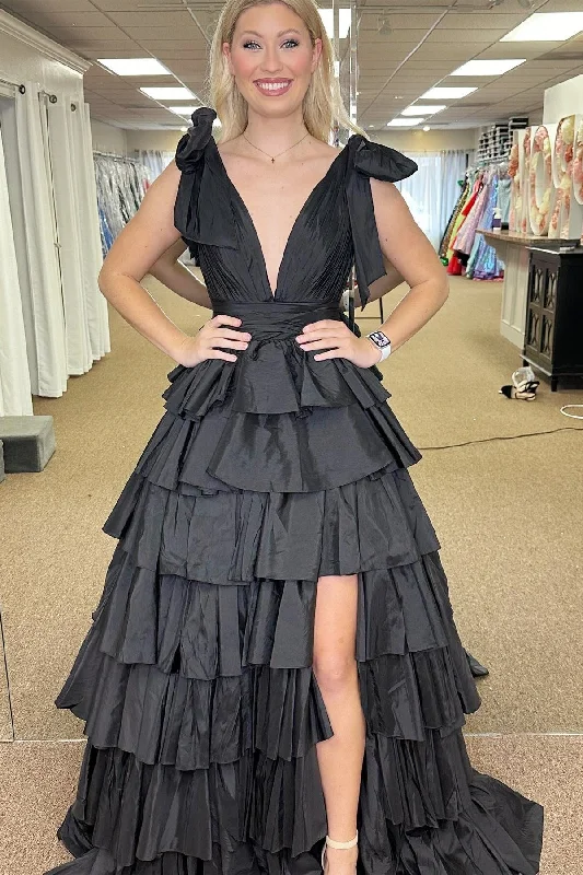 Black Plunge V Ruffle Tiered Ball Gown with Slit Color block unclassified dresses