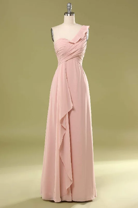 Blush Chiffon One-Shoulder Ruffled Bridesmaid Dress Casual unclassified dresses