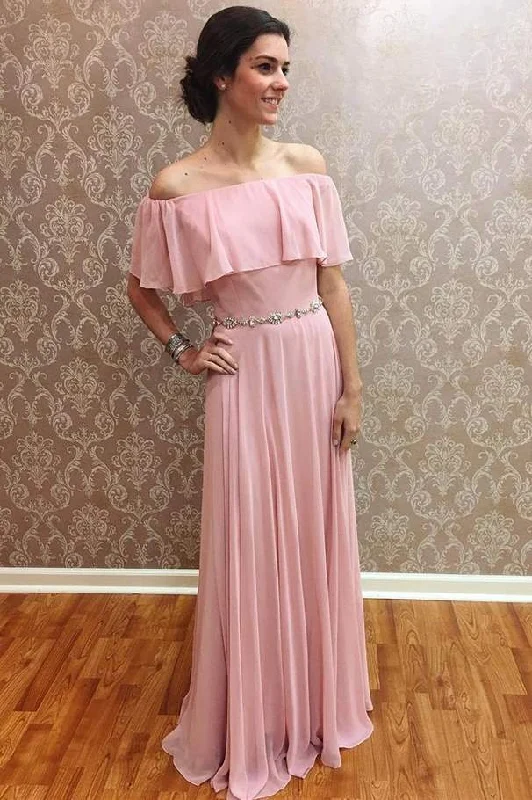 Blush Pink Chiffon Off-the-Shoulder Ruffled Bridesmaid Dress Graduation unclassified dresses