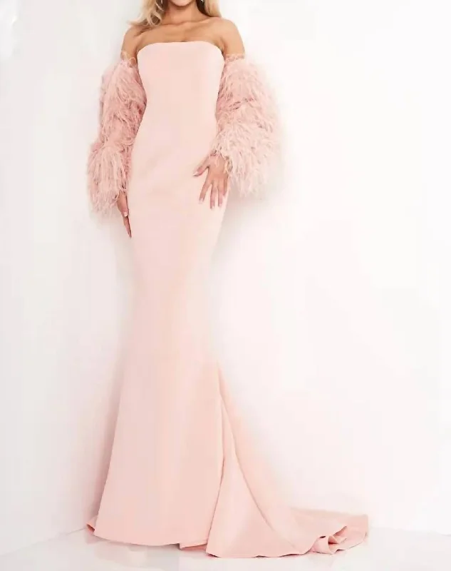 Blush Strapless Fur Sleeve Gown In Pink A-line unclassified dresses