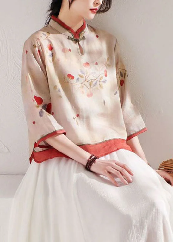 Boutique Apricot Stand Collar Print Linen Blouses Summer LY1714 Vintage unclassified dresses