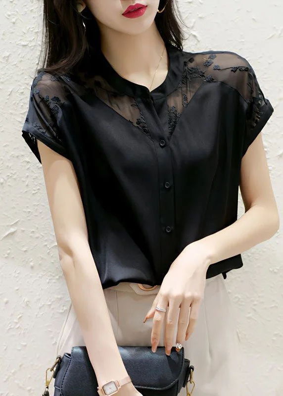 Boutique Black Stand Collar Embroideried Patchwork Silk Top Summer LY1416 Affordable unclassified dresses