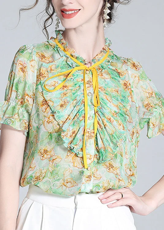 Boutique Green Stand Collar Print Ruffled Neck Tie Silk Top Summer LY1042 Street style unclassified dresses