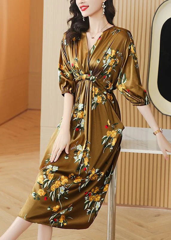 Boutique Yellow V Neck Wrinkled Pockets Print Patchwork Silk Dresses SummerTI1044 Beach unclassified dresses