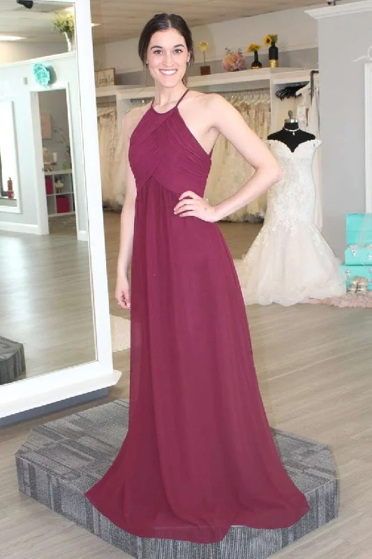 Burgundy Halter A-Line Bridesmaid Dress Breathable unclassified dresses