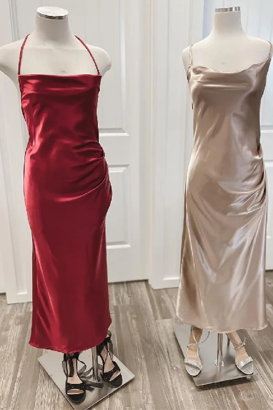 Burgundy Halter Cowl Neck Column Bridesmaid Dress Soft fabric unclassified dresses