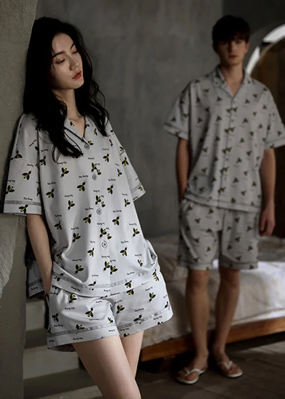 Casual Grey Peter Pan Collar Print Button Cotton Couple Pajamas Two Pieces Set Summer LY1867 Petite unclassified dresses