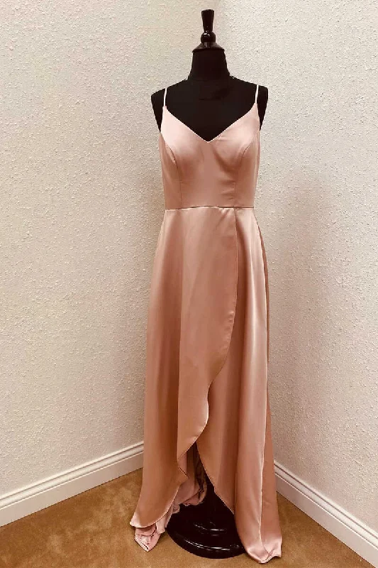 Champagne Satin Spaghetti Straps Backless Ruffled Bridesmaid Dress Embroidered unclassified dresses