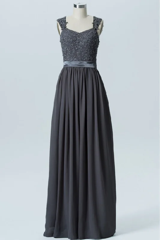 Charcoal Grey Wide Straps Embroidered Bridesmaid Dress Striped unclassified dresses