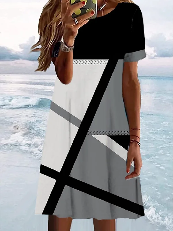 Color Block Casual Loose Crew Neck Dress  WE91 Popular unclassified dresses