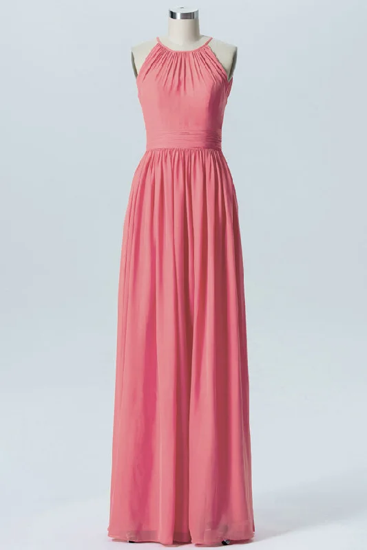 Coral Pink Chiffon Halter Sleeveless Bridesmaid Dress Silk unclassified dresses